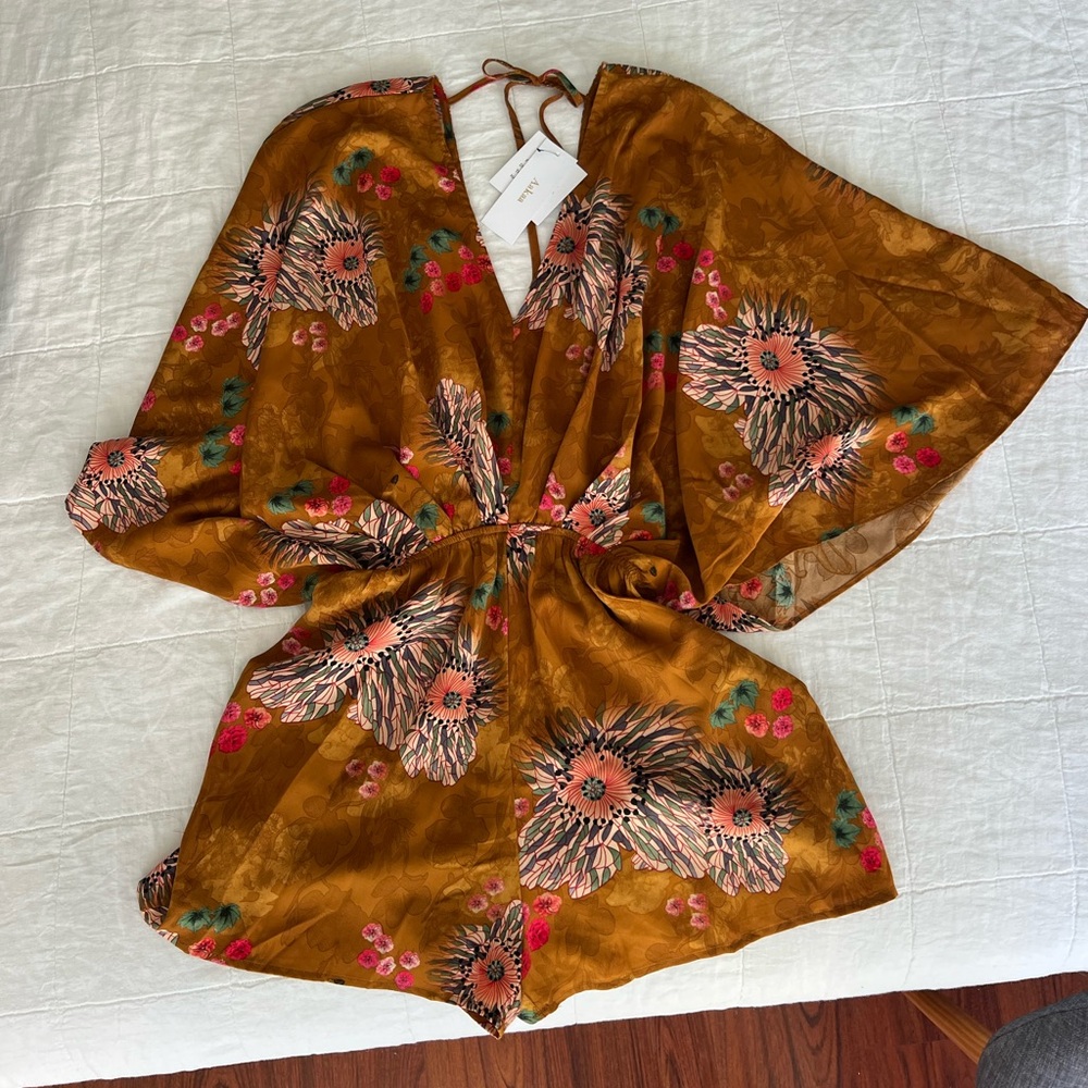 Aakaa Rust Floral Satin Romper with Pink & Green Accents
